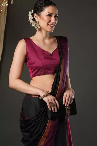 Black silk blend soft saree with contrast blouse