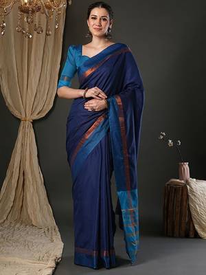 Blue silk blend soft saree with contrast blouse 1