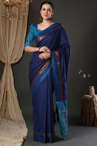 Blue silk blend soft saree with contrast blouse