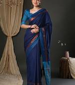 Blue silk blend soft saree with contrast blouse