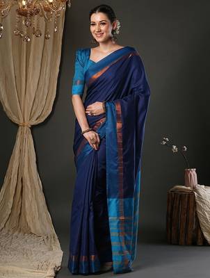 Blue silk blend soft saree with contrast blouse 2