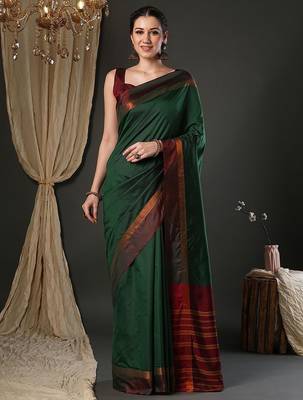 Green silk blend soft saree with contrast blouse 1