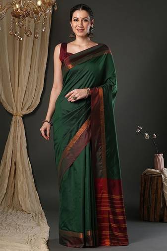 Green silk blend soft saree with contrast blouse