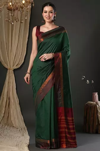 Green silk blend soft saree with contrast blouse