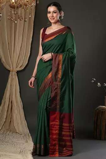 Green silk blend soft saree with contrast blouse