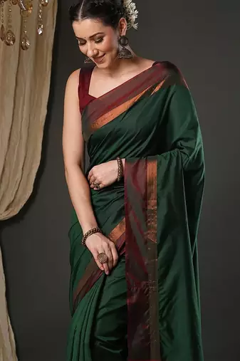 Green silk blend soft saree with contrast blouse