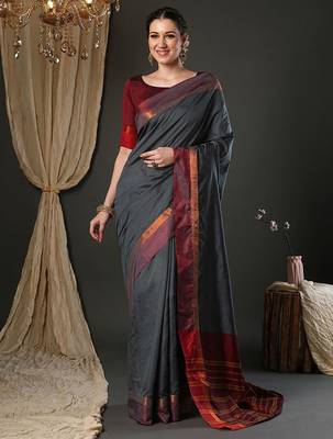Grey silk blend soft saree with contrast blouse 1