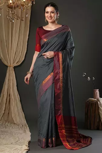 Grey silk blend soft saree with contrast blouse