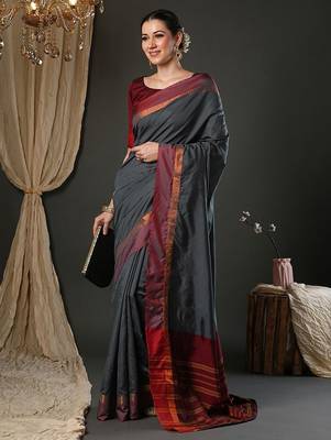 Grey silk blend soft saree with contrast blouse 2