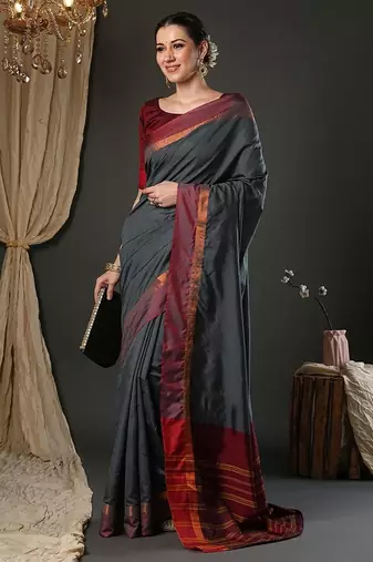 Grey silk blend soft saree with contrast blouse