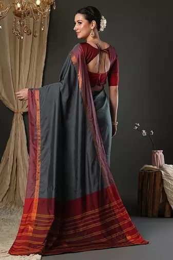 Grey silk blend soft saree with contrast blouse