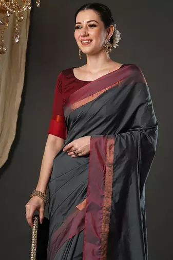 Grey silk blend soft saree with contrast blouse