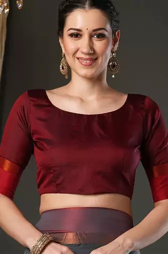 Grey silk blend soft saree with contrast blouse