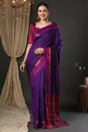 Purple silk blend soft saree with contrast blouse
