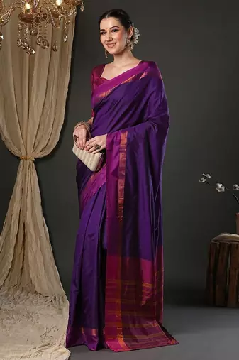 Purple silk blend soft saree with contrast blouse