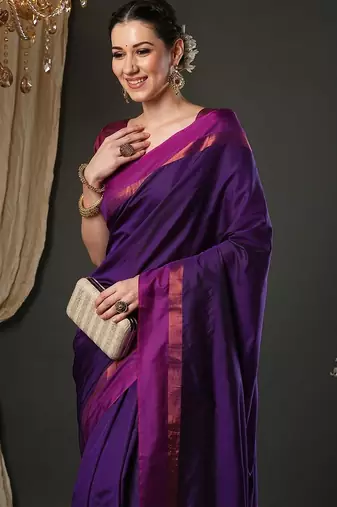 Purple silk blend soft saree with contrast blouse