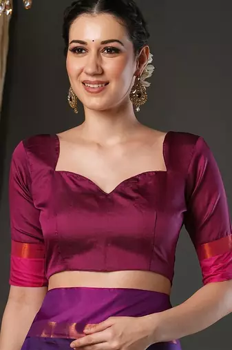Purple silk blend soft saree with contrast blouse