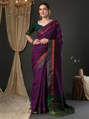 Wine silk blend soft saree with contrast blouse 1