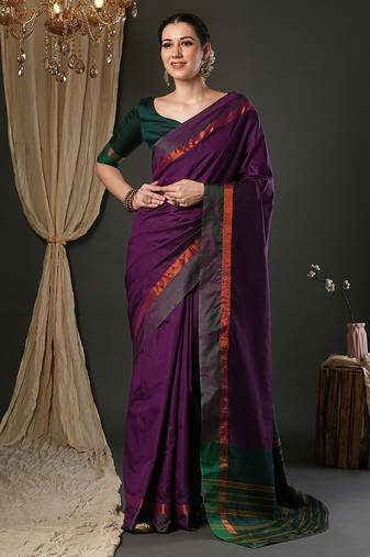 Wine silk blend soft saree with contrast blouse