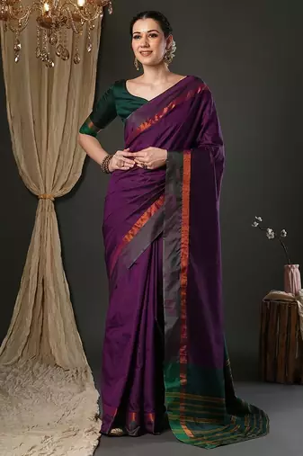 Wine silk blend soft saree with contrast blouse