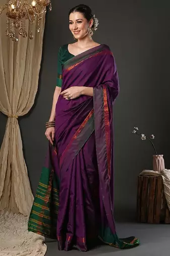 Wine silk blend soft saree with contrast blouse