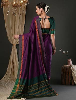 Wine silk blend soft saree with contrast blouse 3