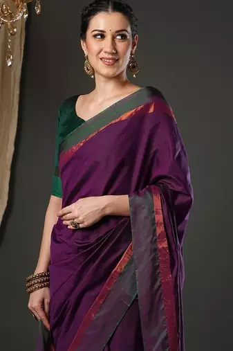 Wine silk blend soft saree with contrast blouse