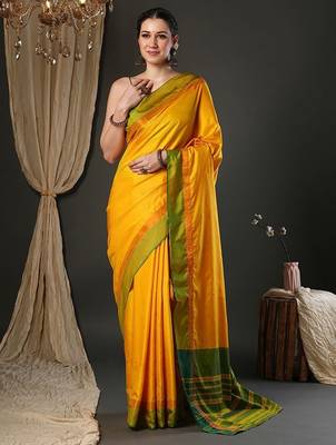 Yellow silk blend soft saree with contrast blouse 1