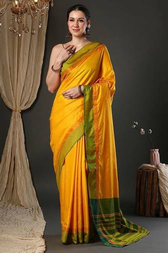 Yellow silk blend soft saree with contrast blouse