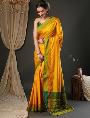 Yellow silk blend soft saree with contrast blouse 2