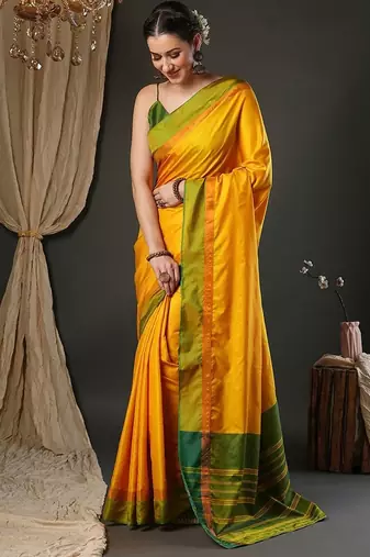 Yellow silk blend soft saree with contrast blouse