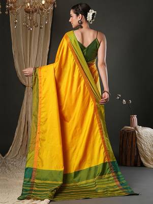 Yellow silk blend soft saree with contrast blouse 3