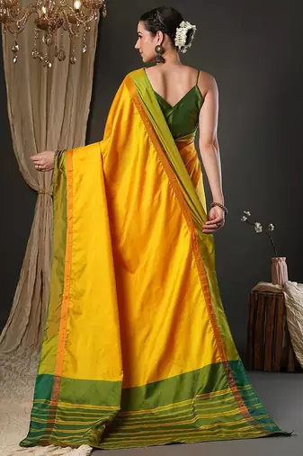 Yellow silk blend soft saree with contrast blouse