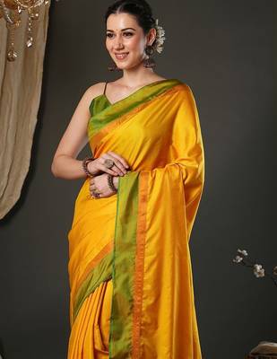Yellow silk blend soft saree with contrast blouse 4