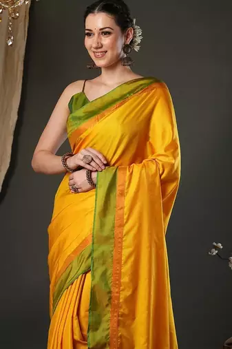 Yellow silk blend soft saree with contrast blouse