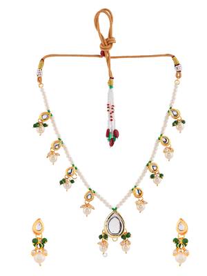 "bridal kundan pearl necklace set with green beads & matching earrings 3
