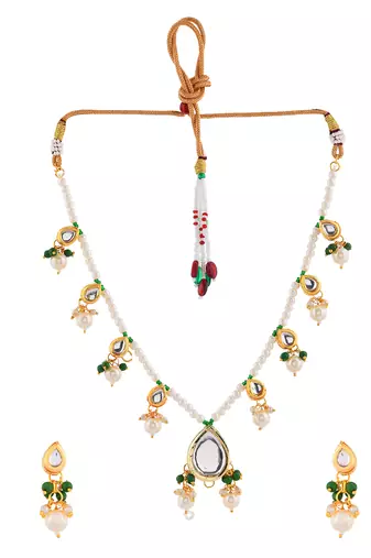 "bridal kundan pearl necklace set with green beads & matching earrings
