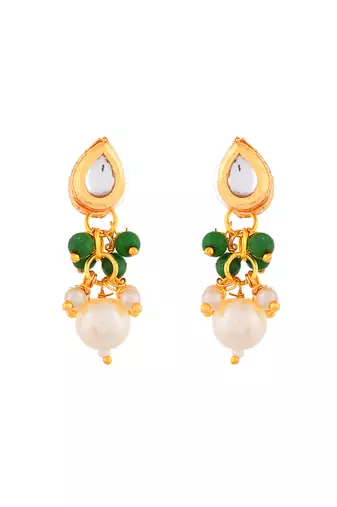 "bridal kundan pearl necklace set with green beads & matching earrings