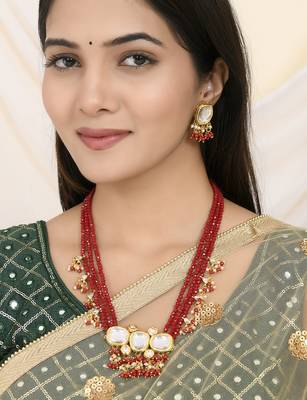 Red beaded kundan bridal necklace set with earrings 1