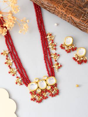 Red beaded kundan bridal necklace set with earrings 2