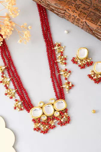 Red beaded kundan bridal necklace set with earrings