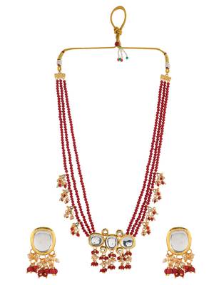 Red beaded kundan bridal necklace set with earrings 3