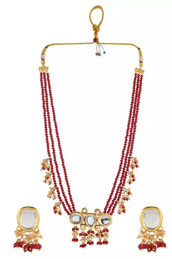 Red beaded kundan bridal necklace set with earrings