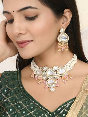 Kundan & pearl layered necklace set with pink beads 1