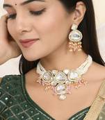 Kundan & pearl layered necklace set with pink beads