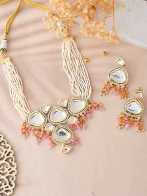 Kundan & pearl layered necklace set with pink beads 2