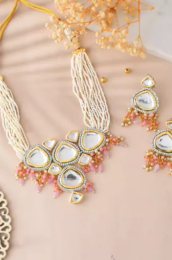 Kundan & pearl layered necklace set with pink beads