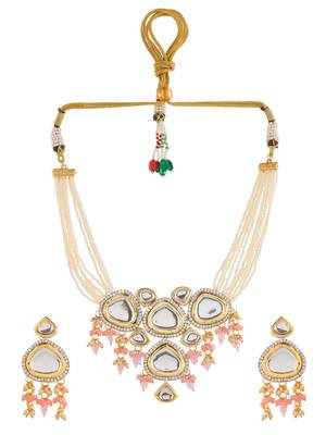Kundan & pearl layered necklace set with pink beads 3