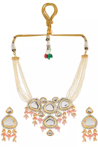 Kundan & pearl layered necklace set with pink beads