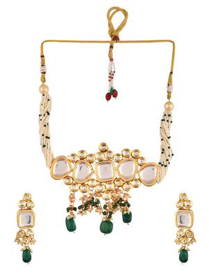Green kundan & pearl layered bridal necklace set with earrings 2